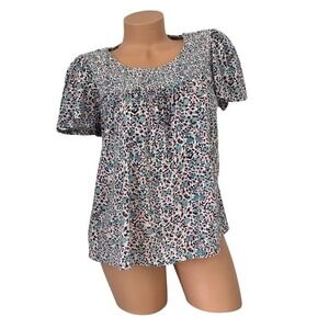 Lucky Brand Women's Floral Smocked Neck Short Sleeve Blouse Teal Purple Small